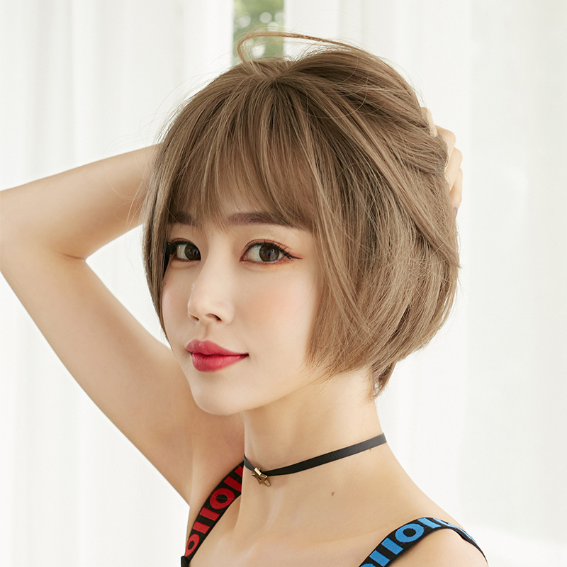 新しいショートヘアウィッグ女性のためのトレンディなボブ丸顔フルカバーヘアキャップスタイリッシュなショートブロークンエレガントなフリンジカバー|undefined