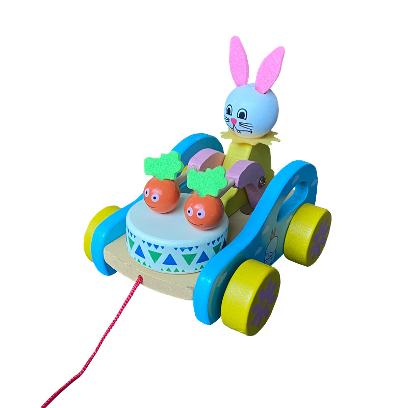 Children's Wooden Bear Drag Car Baby Drag Toddler Cartoon Bear Drum Toy Car Animal White Rabbit Drag Car