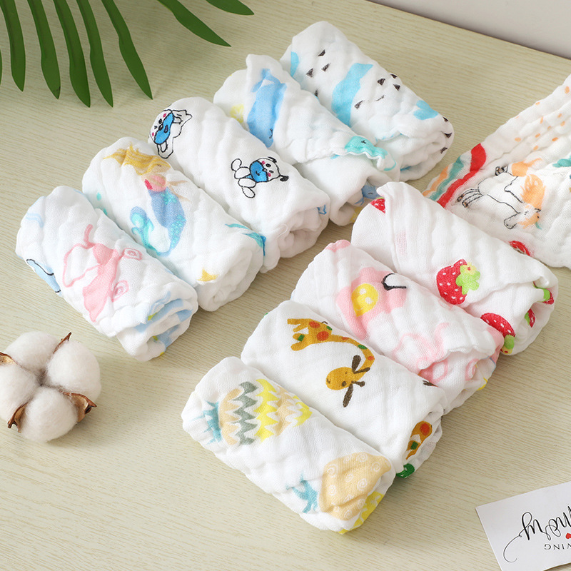 Cotton Children's Small Square 6-Layer Pleated Handkerchief Baby Small Towel 6-Layer Gauze Slippery Printed Hand Towel