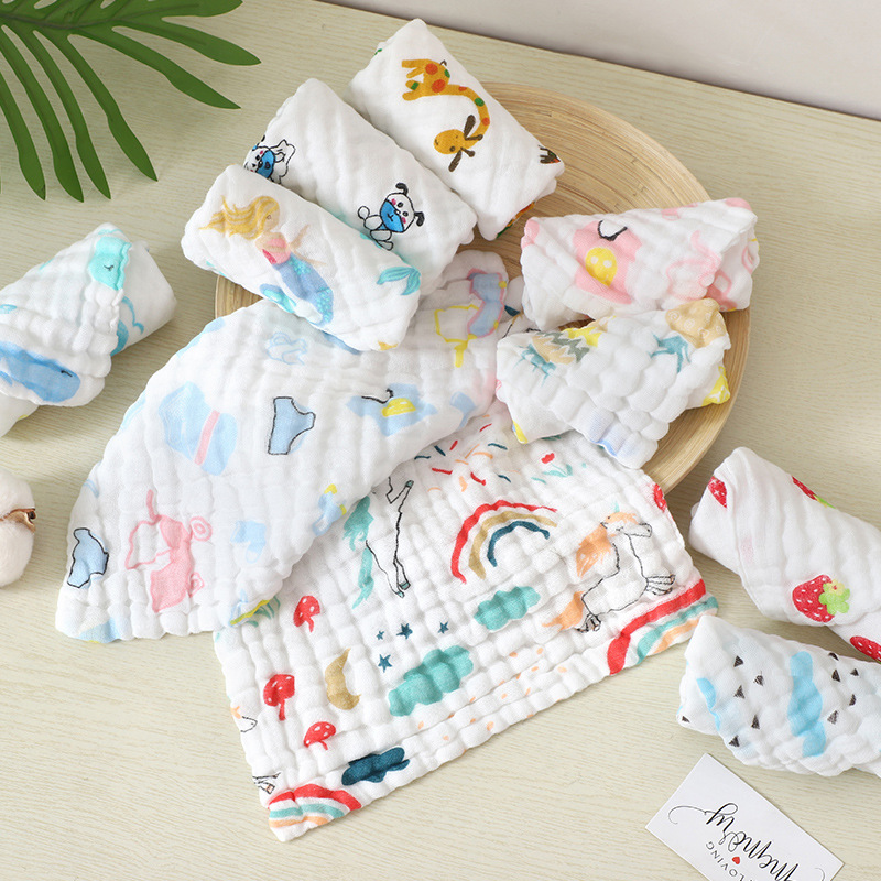 Cotton Children's Small Square 6-Layer Pleated Handkerchief Baby Small Towel 6-Layer Gauze Slippery Printed Hand Towel