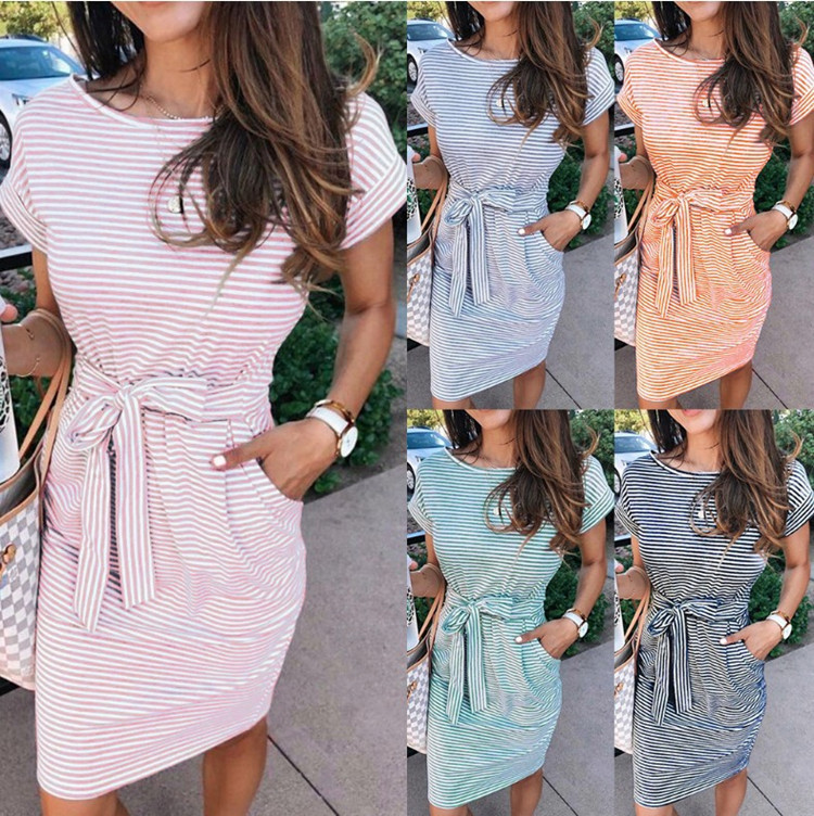 2024 Europe and the United States cross-border AliExpress Amazon hot selling round neck short sleeve waist striped dress women's clothing