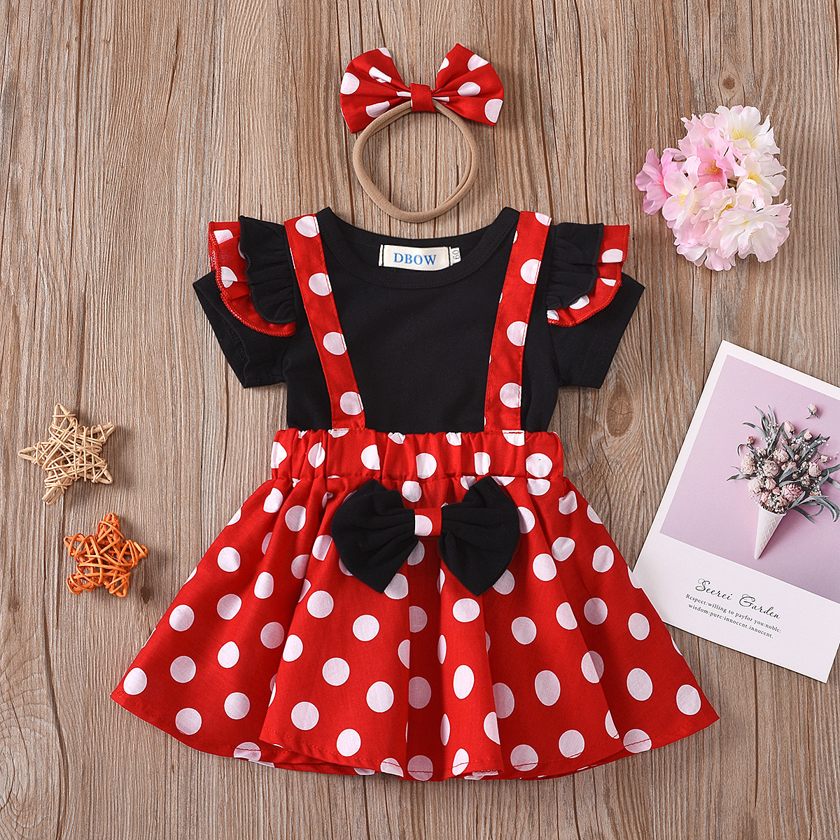 European and American children's clothing three-piece ins girls' suit small flying sleeve black top polka dot suspender skirt headband children's suit