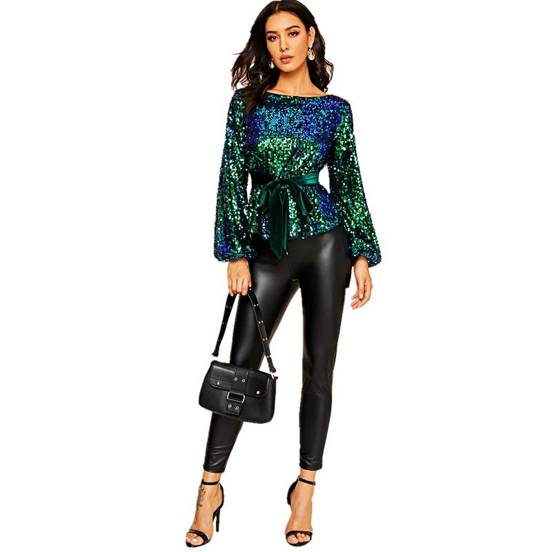 Spot cross-border a generation of European and American wind velvet belt waist women's sequin fashion personality pullover jacket