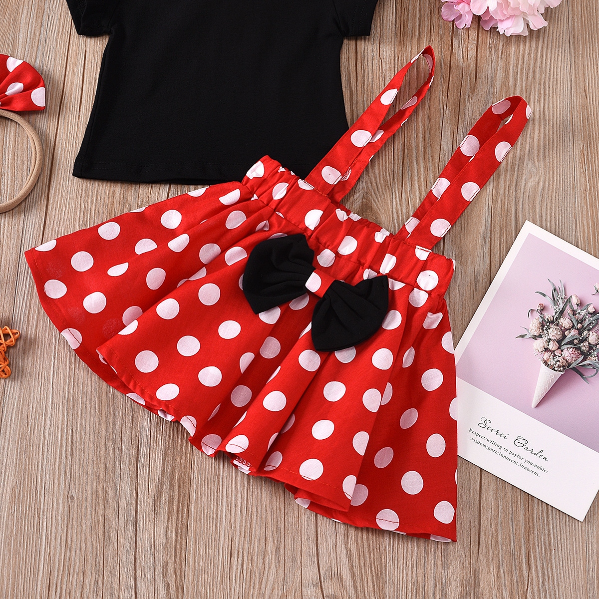 European and American children's clothing three-piece ins girls' suit small flying sleeve black top polka dot suspender skirt headband children's suit