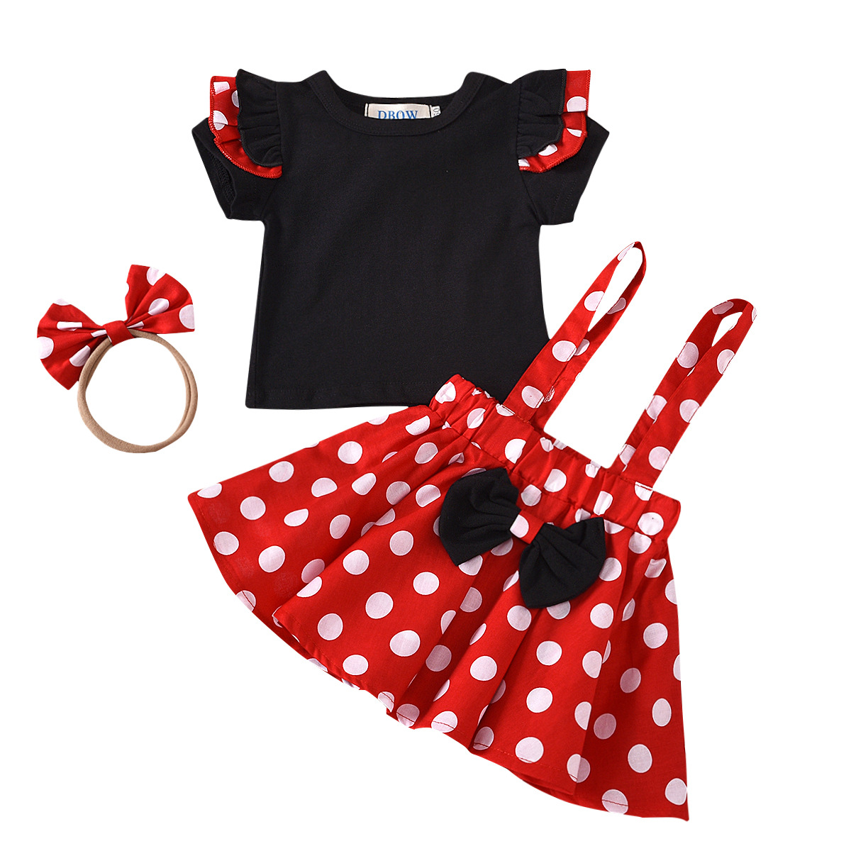 European and American children's clothing three-piece ins girls' suit small flying sleeve black top polka dot suspender skirt headband children's suit