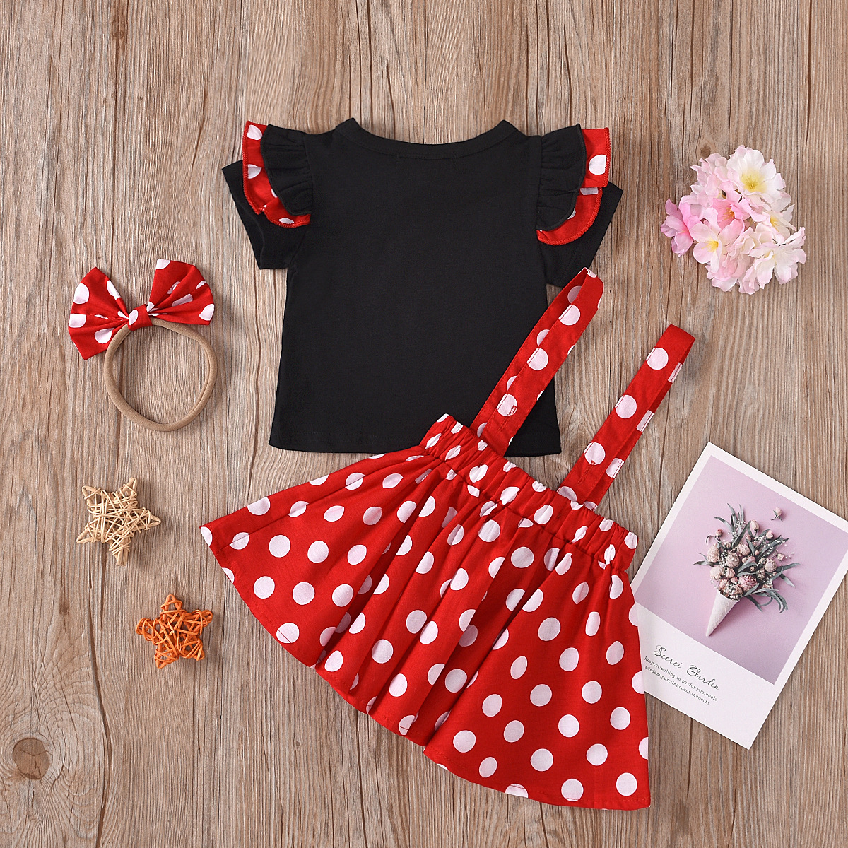 European and American children's clothing three-piece ins girls' suit small flying sleeve black top polka dot suspender skirt headband children's suit