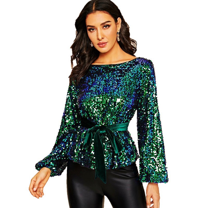 Spot cross-border a generation of European and American wind velvet belt waist women's sequin fashion personality pullover jacket