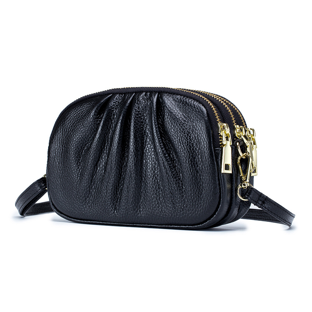 Genuine Leather Women's Bag High-end Mobile Phone Bag Crossbody Simple Top Layer Cowhide Three-layer Zipper Pleated Shoulder Bag Large Capacity
