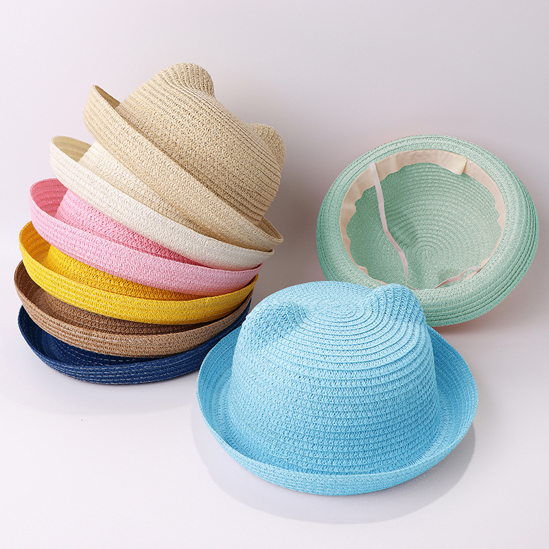New children's cartoon solid color straw hat versatile summer men's and women's hat cute cat ear sun hat wholesale