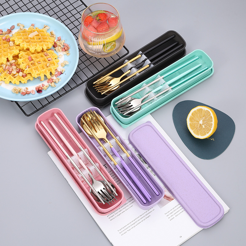 Stainless Steel Portable Tableware Three-piece Set Portuguese Creative Student Outdoor Portable Spoon Chopsticks Set