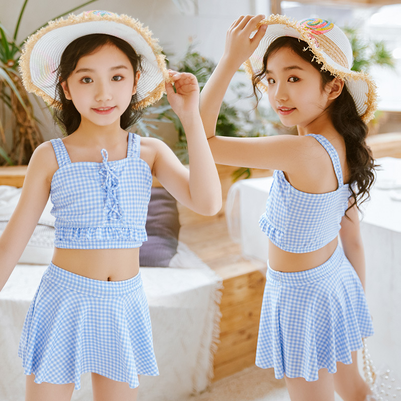 Children's Swimwear Girls Split Cute Baby Girl Two-Piece Set Large Children's Simple Wind Plaid Swimwear Factory Wholesale
