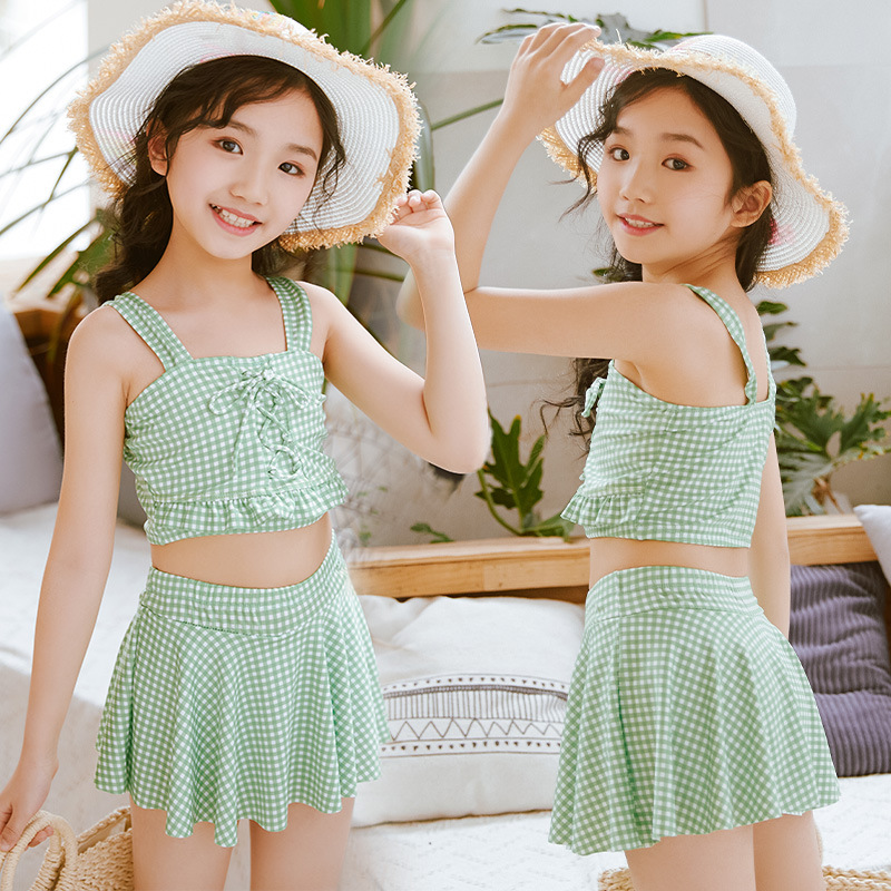 Children's Swimwear Girls Split Cute Baby Girl Two-Piece Set Large Children's Simple Wind Plaid Swimwear Factory Wholesale