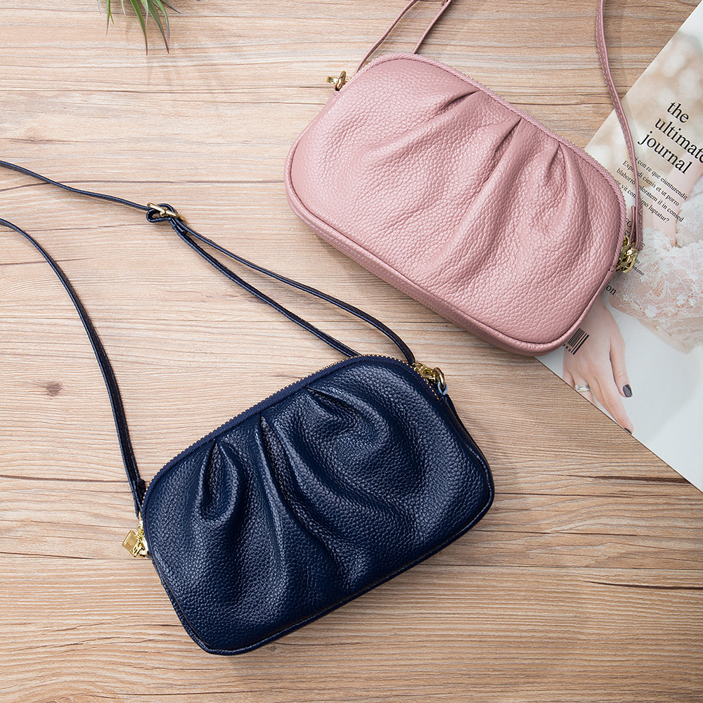 Genuine Leather Women's Bag High-end Mobile Phone Bag Crossbody Simple Top Layer Cowhide Three-layer Zipper Pleated Shoulder Bag Large Capacity