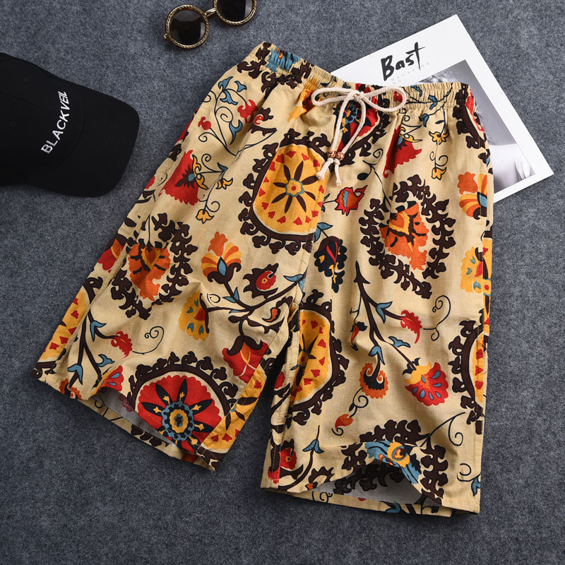 Summer new cotton and linen printed five-point men's beach pants casual sports loose plus size shorts men's thin fashion