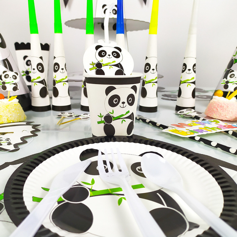 子供用かわいいパンダのテーマ誕生日パーティー用品紙皿紙コップテーブルクロス旗飾りセット|undefined