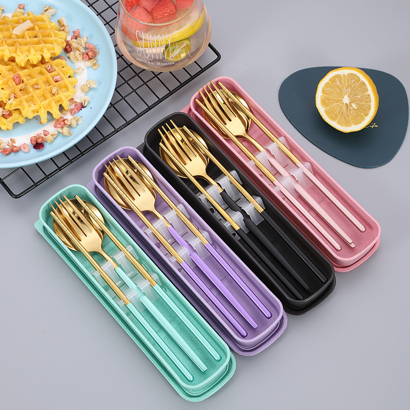 Stainless Steel Portable Tableware Three-piece Set Portuguese Creative Student Outdoor Portable Spoon Chopsticks Set