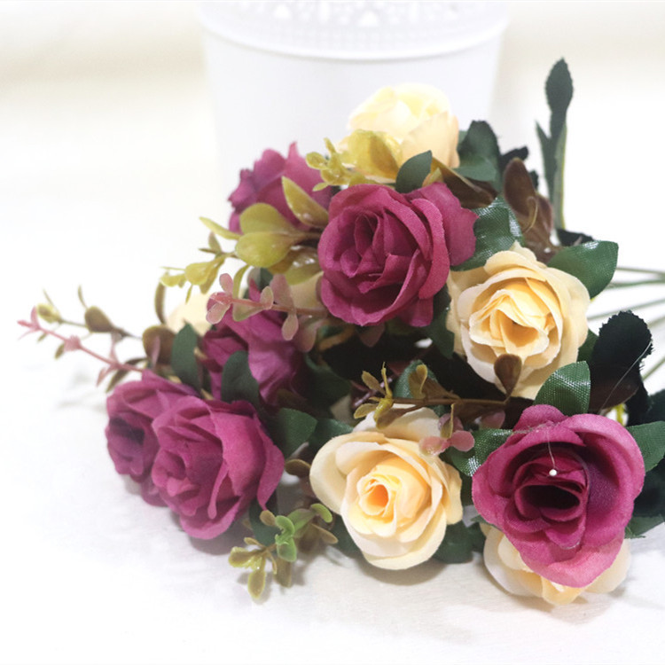 模造花卸売りヨーロッパ式12頭の小さなバラの偽花枝の家庭装飾ヨーロッパ式結婚祝いの花束絹花|undefined