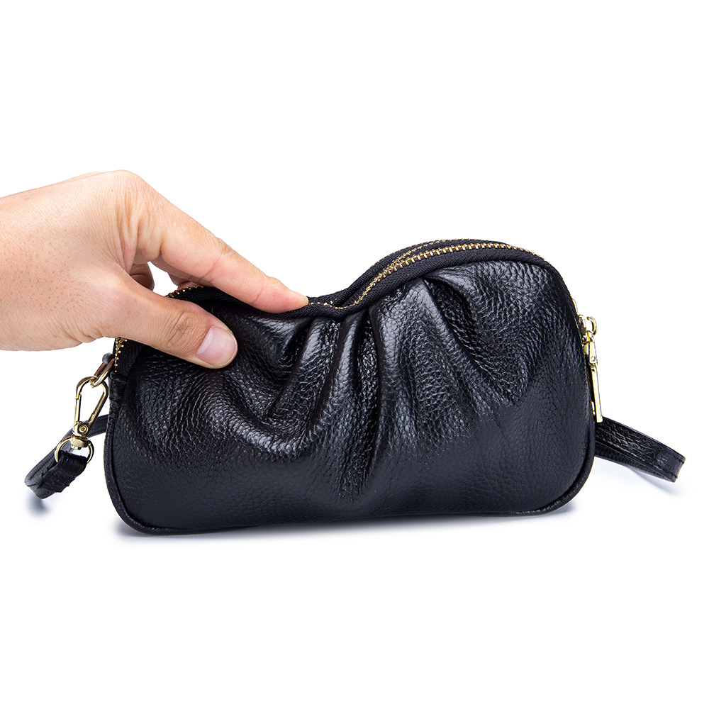 Genuine Leather Women's Bag High-end Mobile Phone Bag Crossbody Simple Top Layer Cowhide Three-layer Zipper Pleated Shoulder Bag Large Capacity