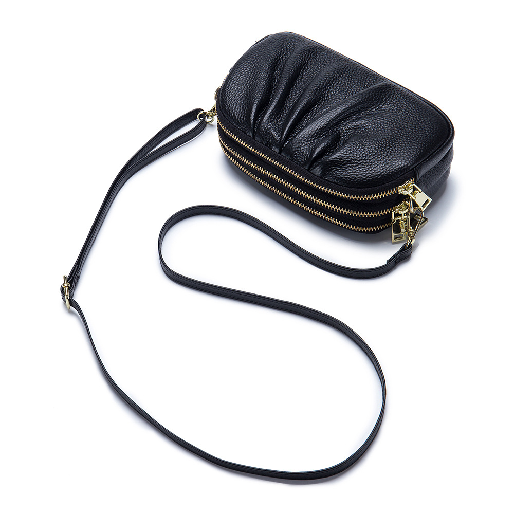 Genuine Leather Women's Bag High-end Mobile Phone Bag Crossbody Simple Top Layer Cowhide Three-layer Zipper Pleated Shoulder Bag Large Capacity