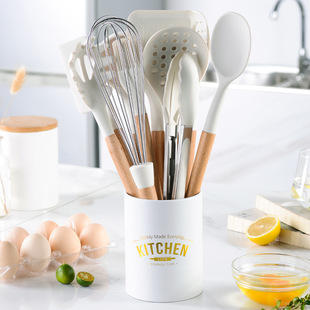 New milk white wooden handle silicone kitchenware set of 10 pieces non-stick silicone kitchenware spatula spoon set of 10 pieces