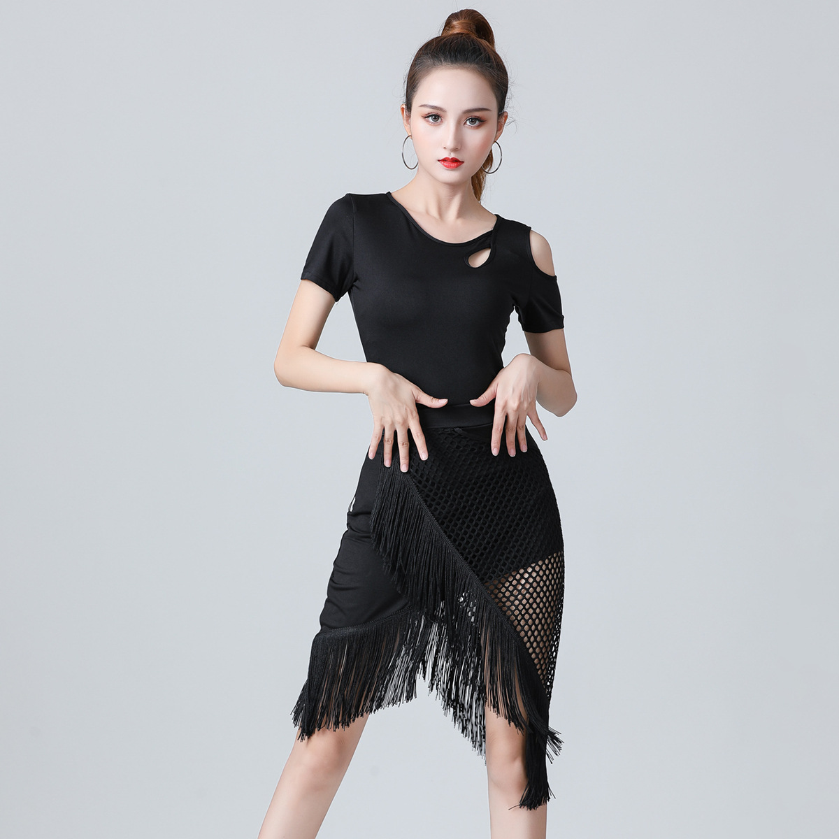Adult Modern Dance Lady Latin Dance Adult Sexy Ballroom Dance T-Shirt Slim-fit Slim Shoulder Top Practice Clothes