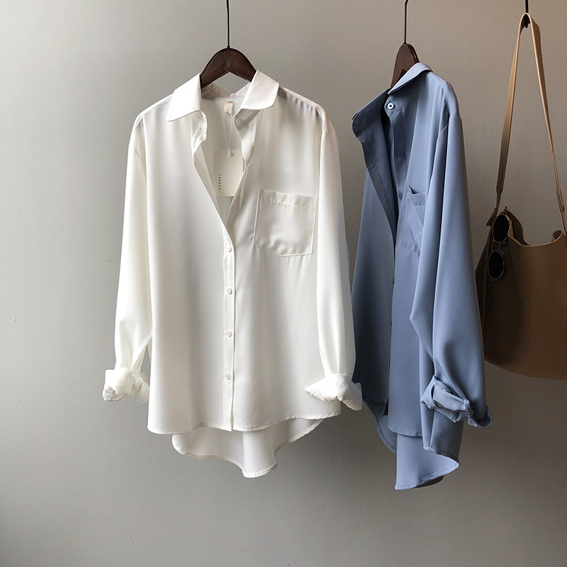 Words Double Shirt Women's 2024 Spring New Korean Chic Solid Color Simple Elegant Long Sleeve Lapel Shirt Women's 0895