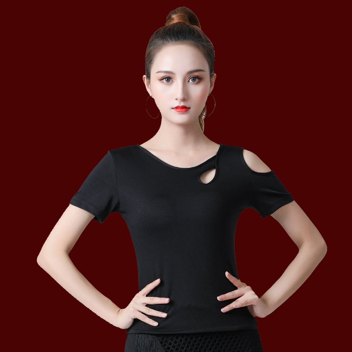 Adult Modern Dance Lady Latin Dance Adult Sexy Ballroom Dance T-Shirt Slim-fit Slim Shoulder Top Practice Clothes
