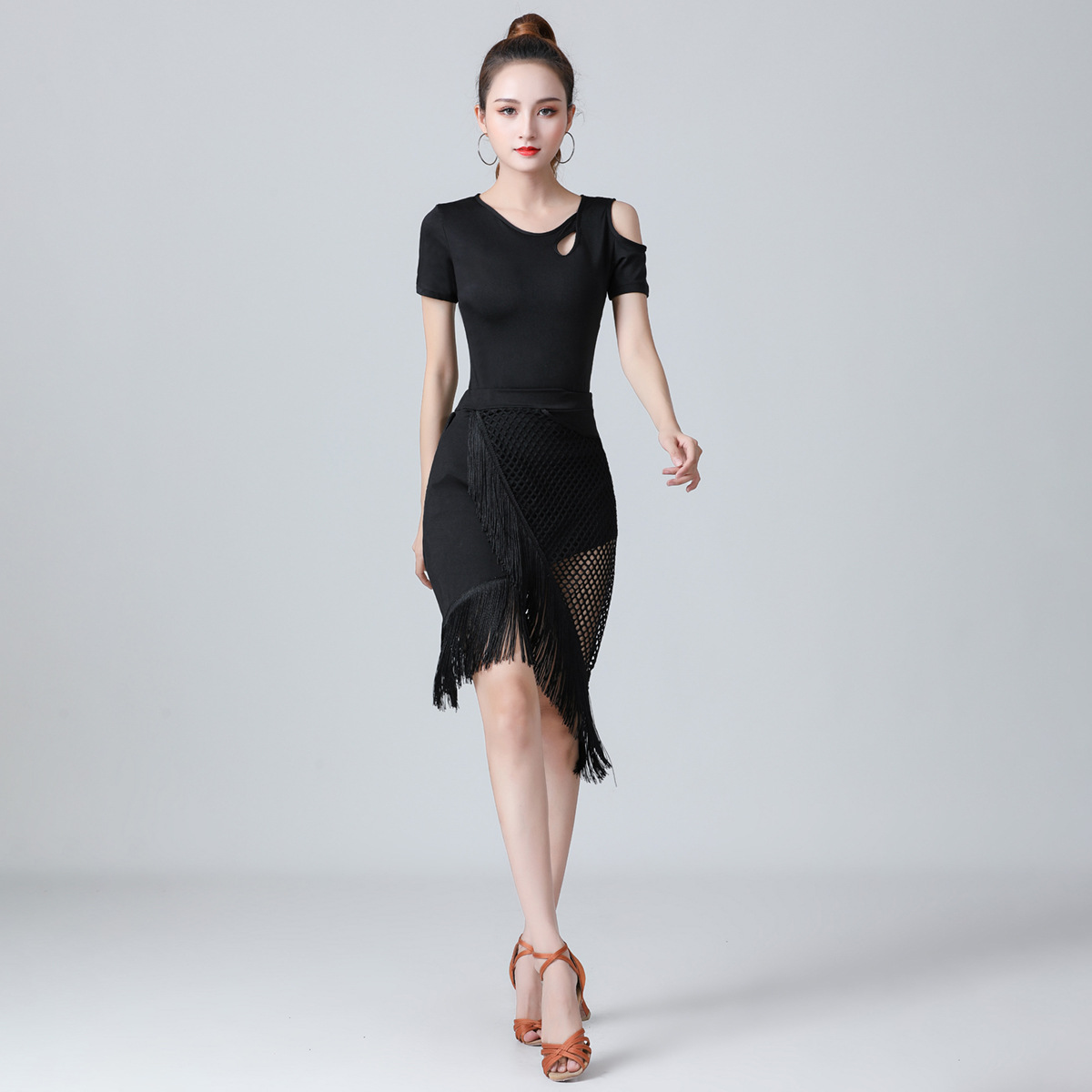 Adult Modern Dance Lady Latin Dance Adult Sexy Ballroom Dance T-Shirt Slim-fit Slim Shoulder Top Practice Clothes
