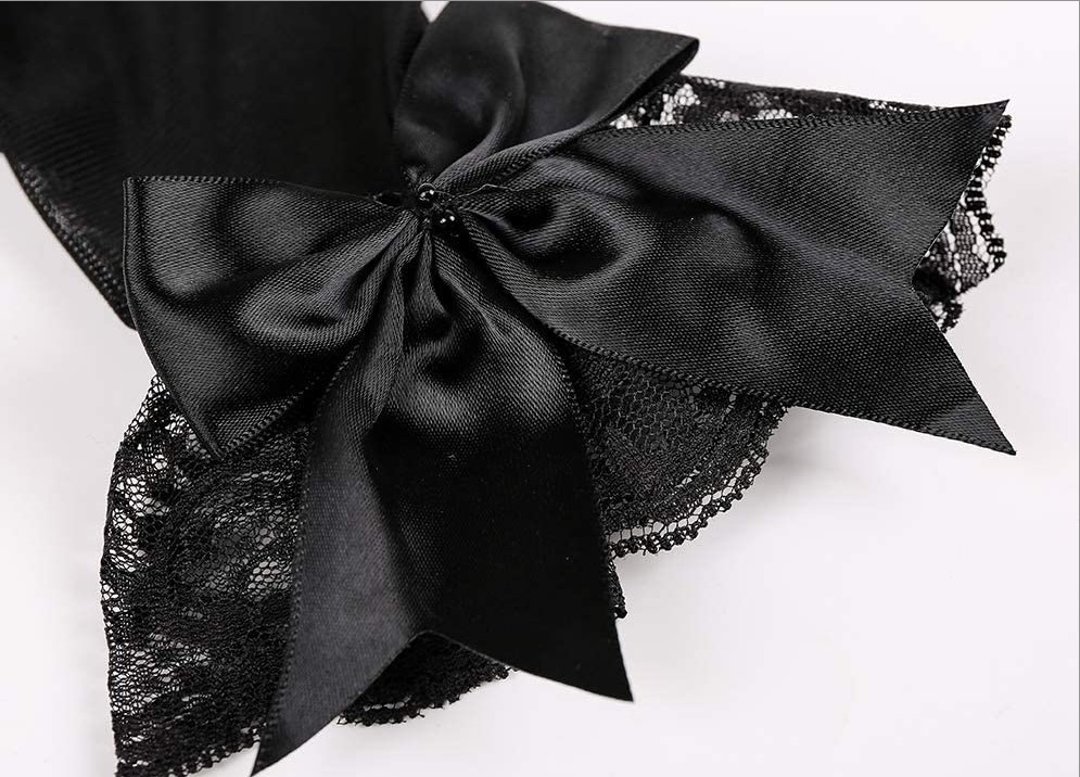 Bridal wedding dress gloves short mesh black lace bow gloves