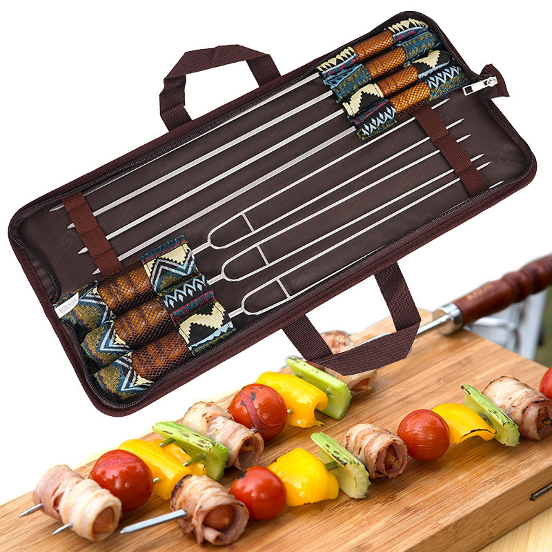 韓国屋外bbq焼き針焼きフォーク焼肉サイン携帯ステンレスu字木柄ピクニック7点セット卸売り|undefined