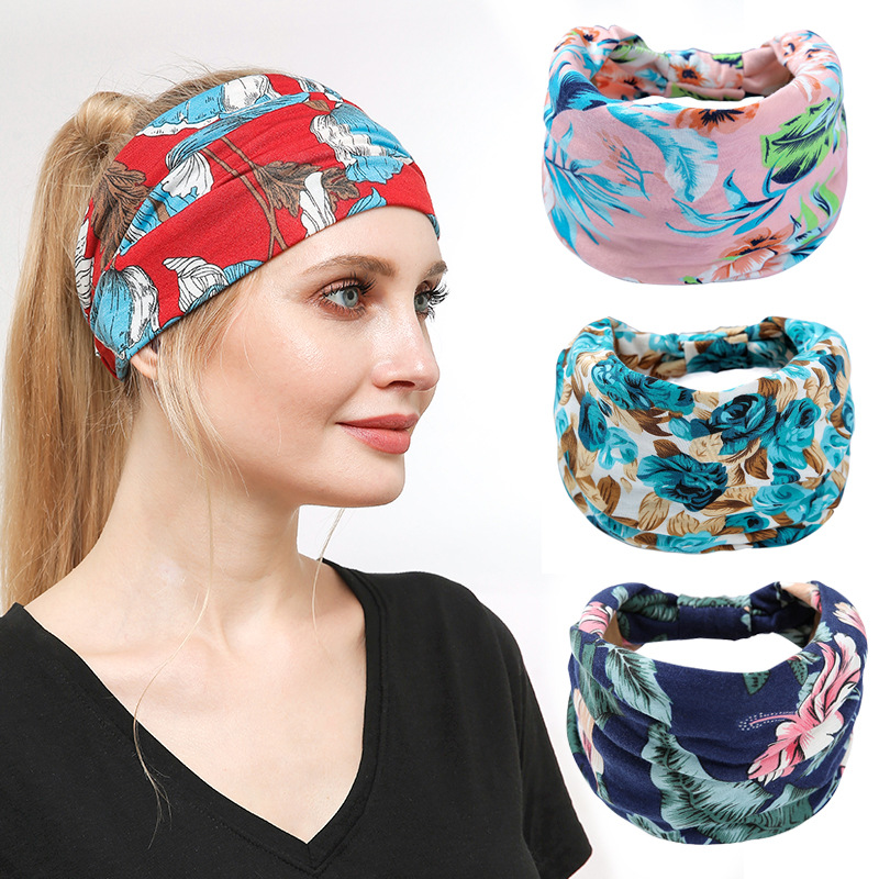European and American new printed elastic sports hair band ladies wide-brimmed headband retro sports yoga belt hair accessories wholesale