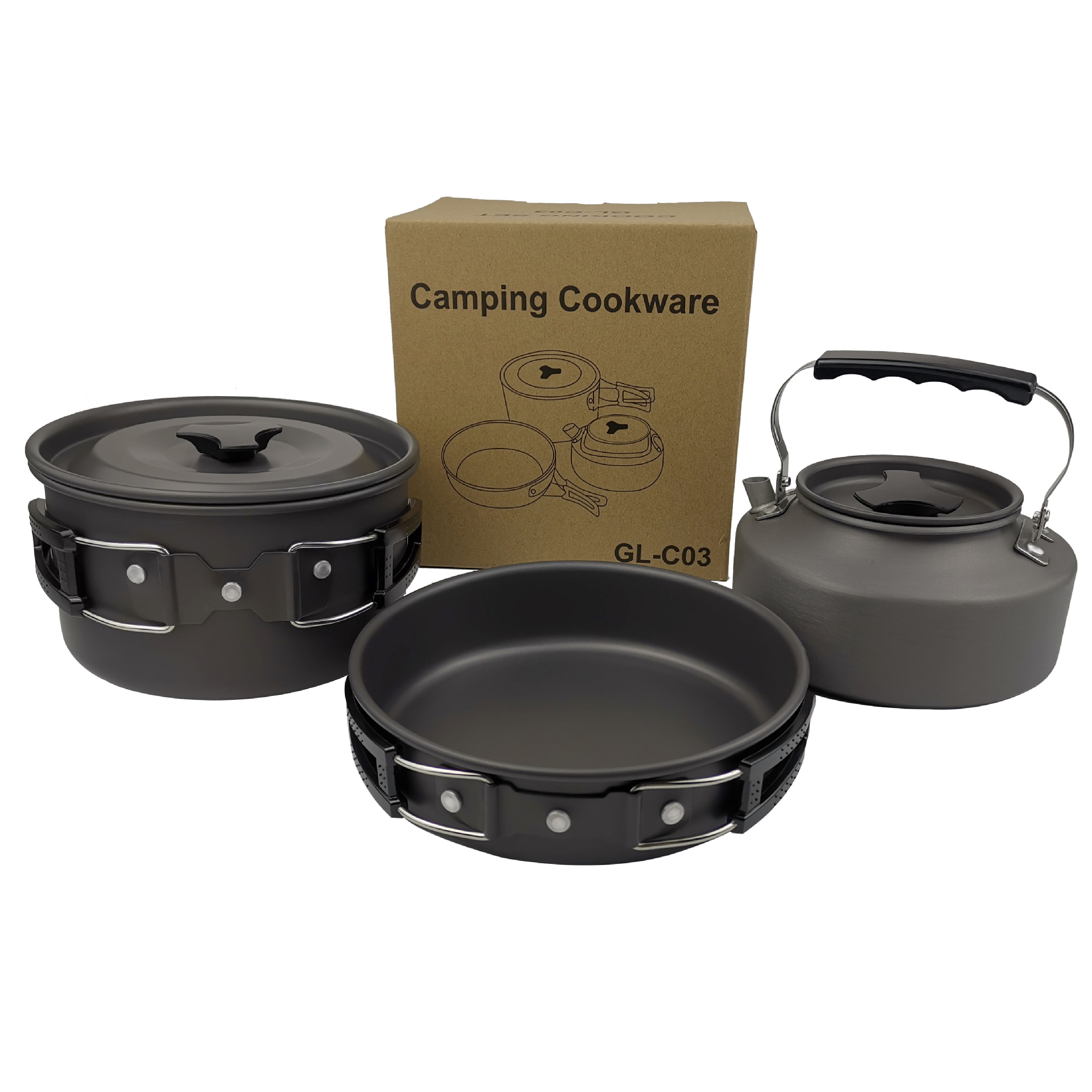 Amazon Hot Sale Outdoor Set Pot Teapot Portable Outdoor Cookware Set Camping Kettle Pot Three-piece Set