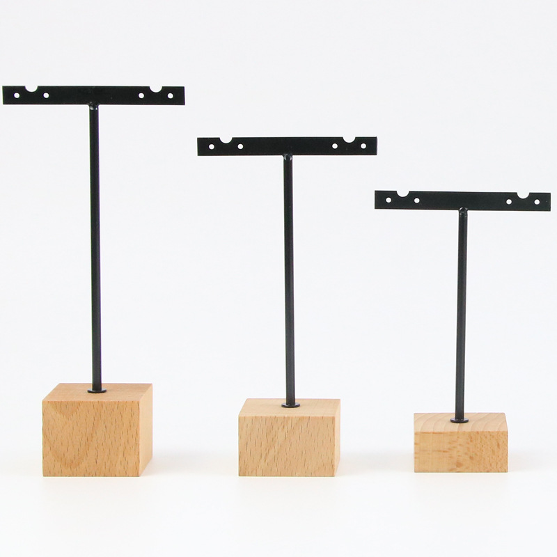 Three-piece wooden earrings with wooden background, earrings, metal earrings, display rack, iron jewelry rack