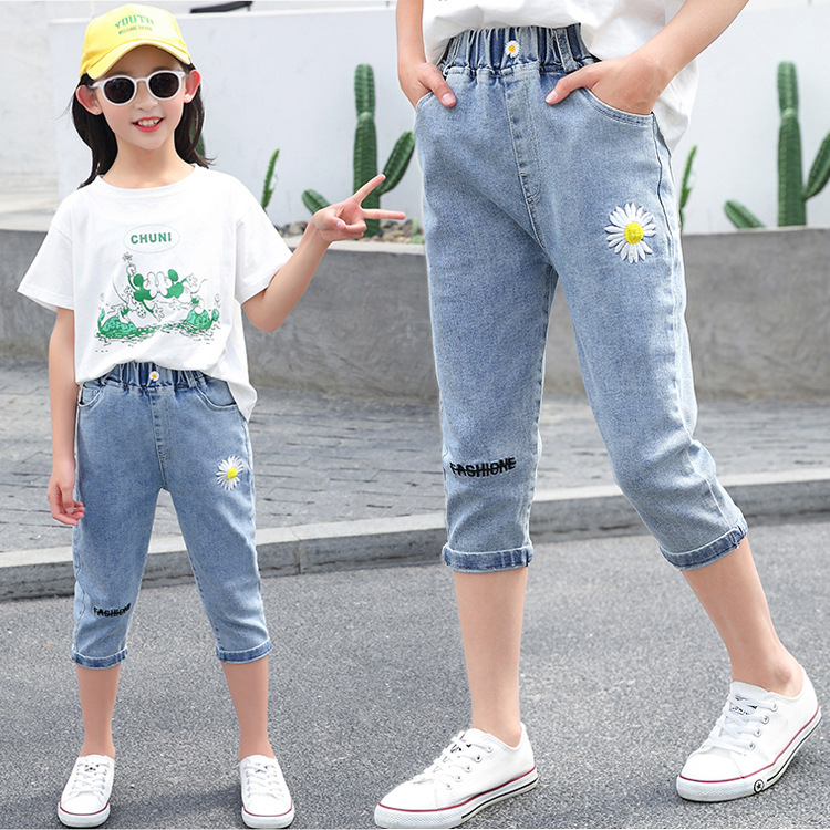 Girls' cropped jeans summer new children's clothing thin loose summer pants summer girls' Western style middle pants