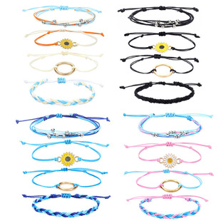 European and American seaside surfing hand rope waterproof wax thread hand woven sunflower bracelet girl friendship bracelet 4 piece set