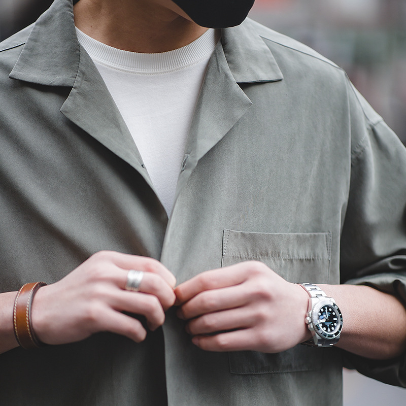 Madden Tooling French Retro Long Sleeve Cuban Collar Thin Shirt Naples Shirt Peach Leather Men Autumn