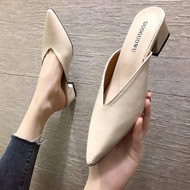 Fitting Shoes High Heel Slippers Our Spring and Summer New Chunky Heel Pointed Baotou Outer Wear Half Slippers for Women