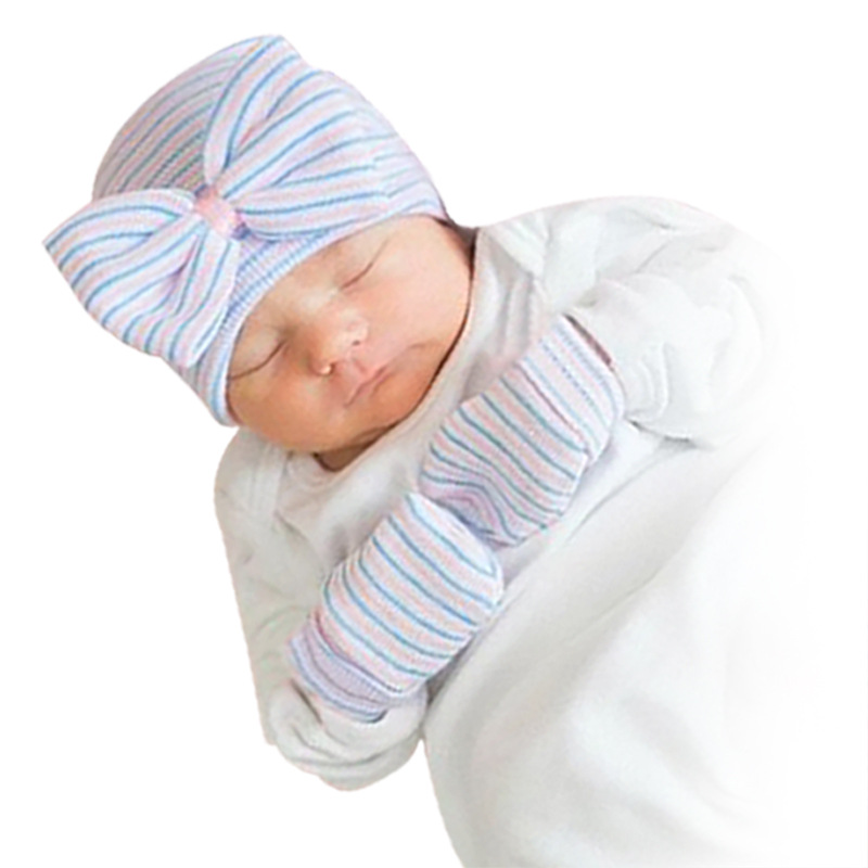 European and American newborn baby fetal cap big bow knitted gloves hat set cute baby pullover cap wholesale