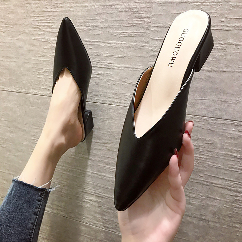 Fitting Shoes High Heel Slippers Our Spring and Summer New Chunky Heel Pointed Baotou Outer Wear Half Slippers for Women