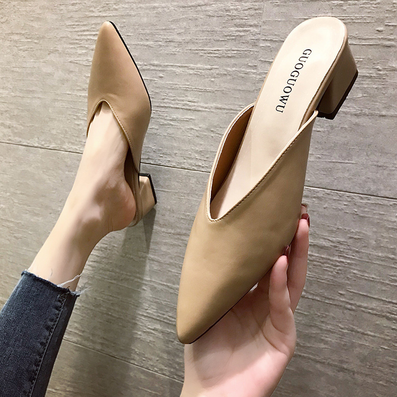 Fitting Shoes High Heel Slippers Our Spring and Summer New Chunky Heel Pointed Baotou Outer Wear Half Slippers for Women