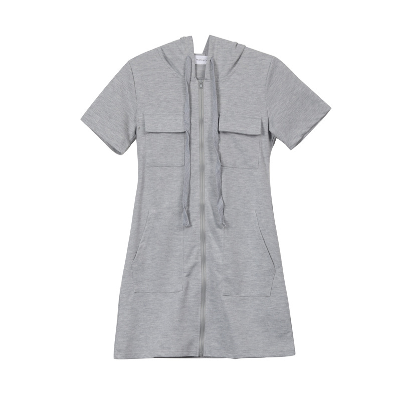 Summer 2024 New hooded small slimming temperament short sleeve zipper dress women's clothing