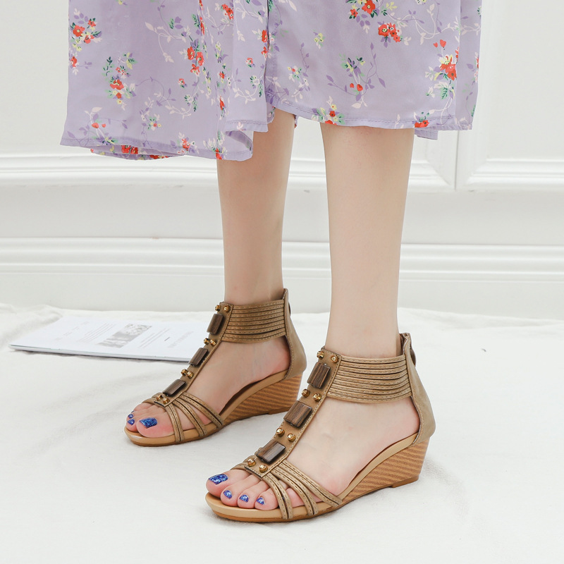 Wedge Sandals Women's New Outer Wear Sexy Sweet Mother Shoes Rear Zipper Thick Bottom Cross-border Roman Shoes 1418-389