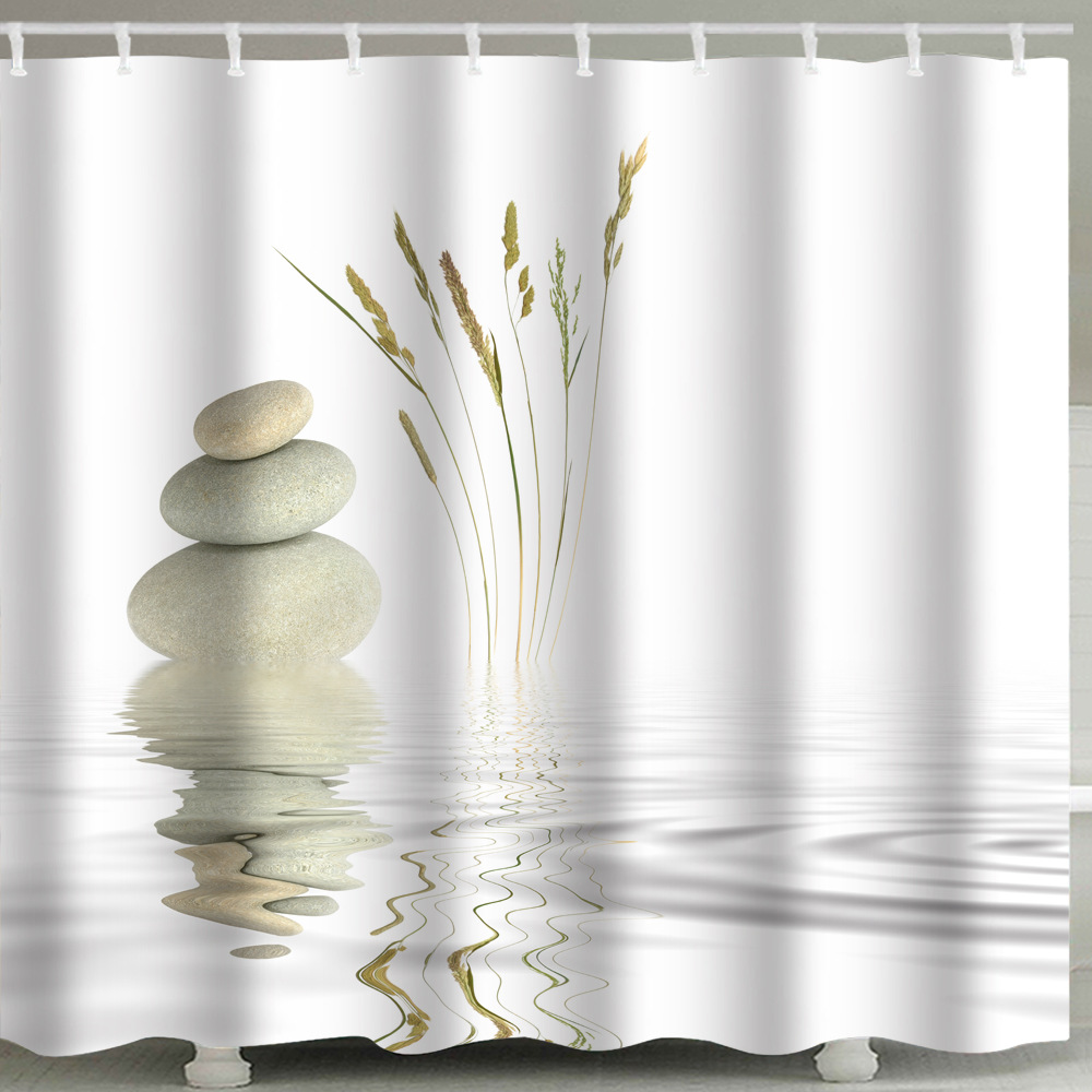 Cross Border Zen Stone Wild Grass Water Pattern Shower Curtain suit Bathroom Shower Curtain Digital Printing Polyester Waterproof Shower Curtain with Hook