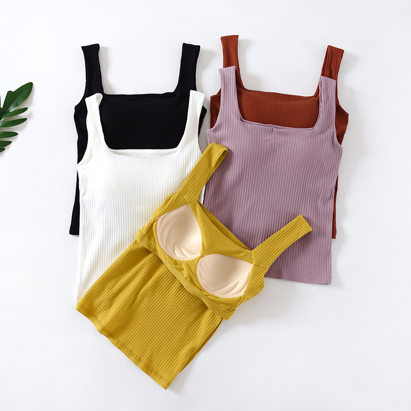 Cup One-piece I-shaped Vest with Chest Pad Women's Backing Summer Ice Silk Threaded Square Neck Inner and Outer Sling Top