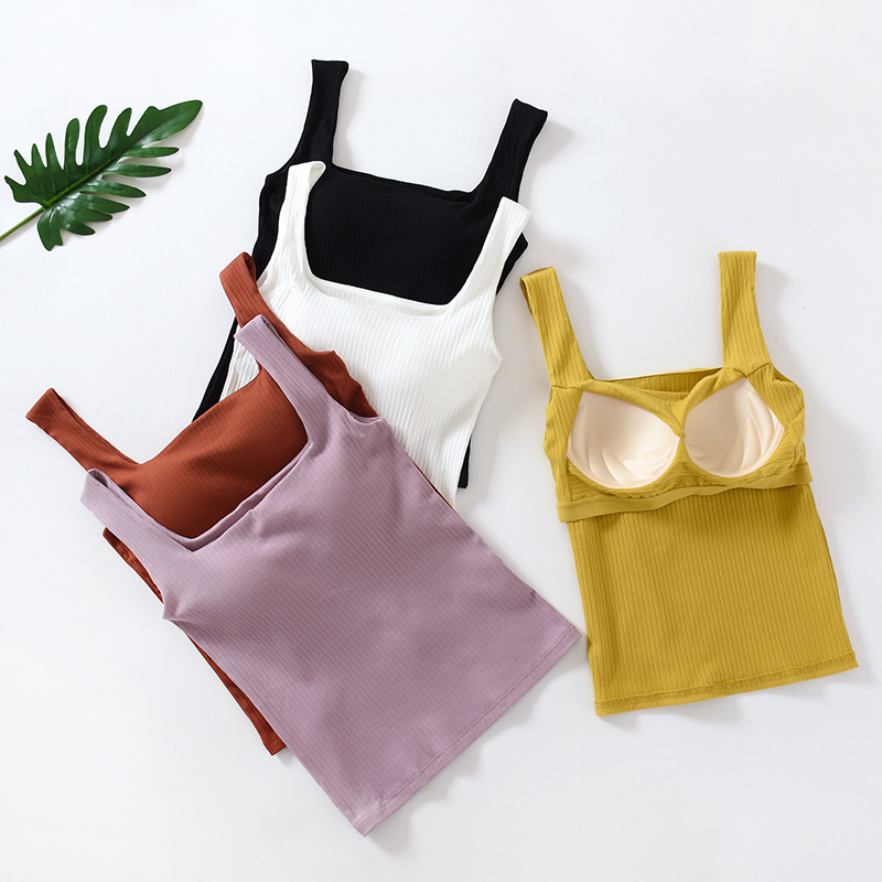 Cup One-piece I-shaped Vest with Chest Pad Women's Backing Summer Ice Silk Threaded Square Neck Inner and Outer Sling Top
