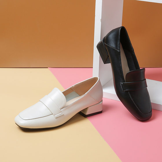 Square Toe Shallow Mouth Thick Heel Shoes Women's 2022 Spring New Inner Heightening Small Leather Shoes Women's Soft Bottom Casual Loafers for Women