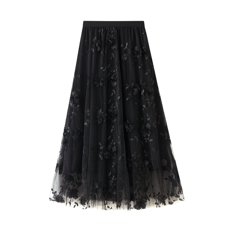 Mesh embroidery heavy-duty skirt large size gauze skirt 2023 spring new a-word literary high waist long skirt 8692