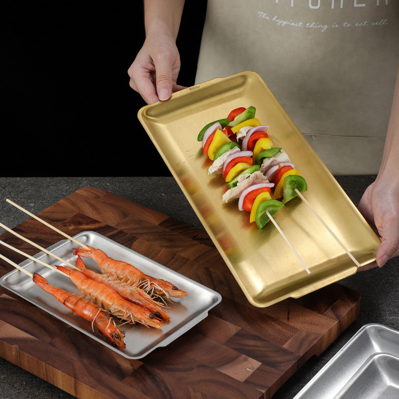 Korean Style 304 Stainless Steel Rectangular Plate Thickened Golden Barbecue Plate Dish Plate Sushi Plate Flat Bottom Tray Storage Plate
