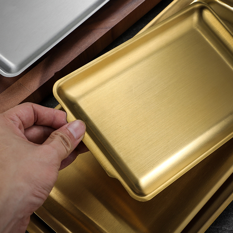 Korean Style 304 Stainless Steel Rectangular Plate Thickened Golden Barbecue Plate Dish Plate Sushi Plate Flat Bottom Tray Storage Plate