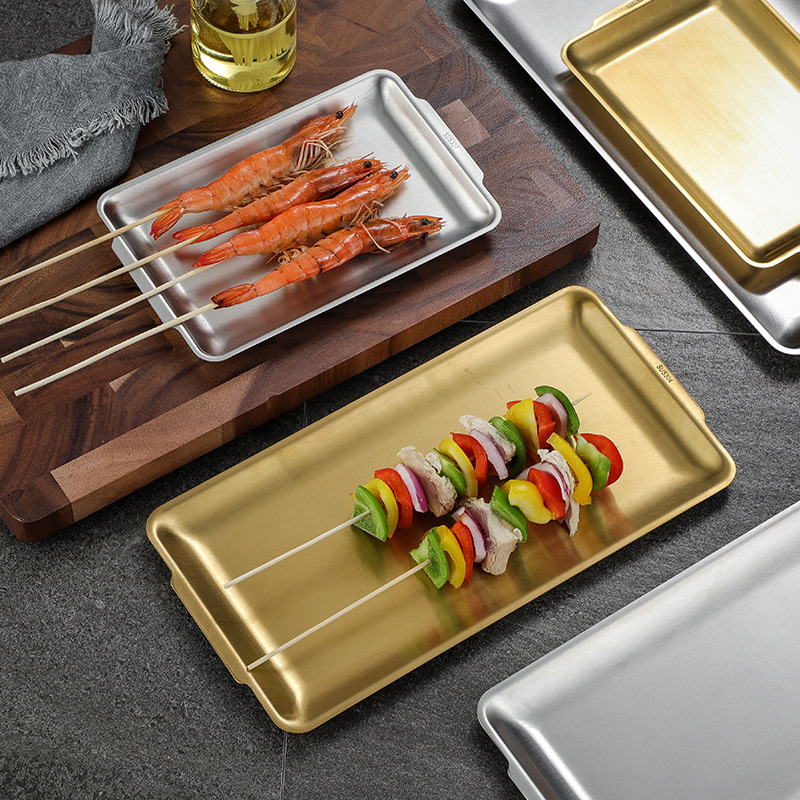 Korean Style 304 Stainless Steel Rectangular Plate Thickened Golden Barbecue Plate Dish Plate Sushi Plate Flat Bottom Tray Storage Plate